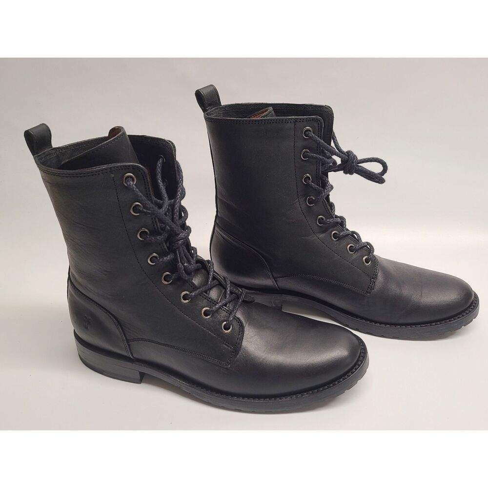 FRYE Natalie Black Leather Combat Boots Size 10 B Lace Up Moto Military